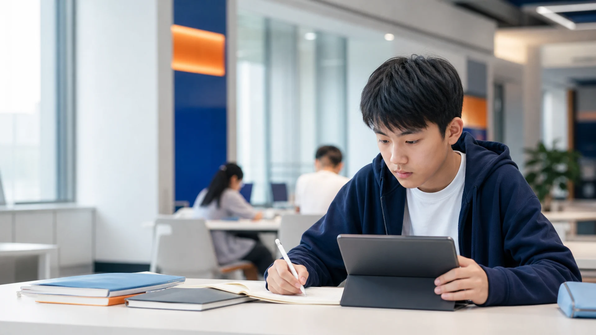 亚洲青少年在明亮的现代学习空间中使用平板自主学习