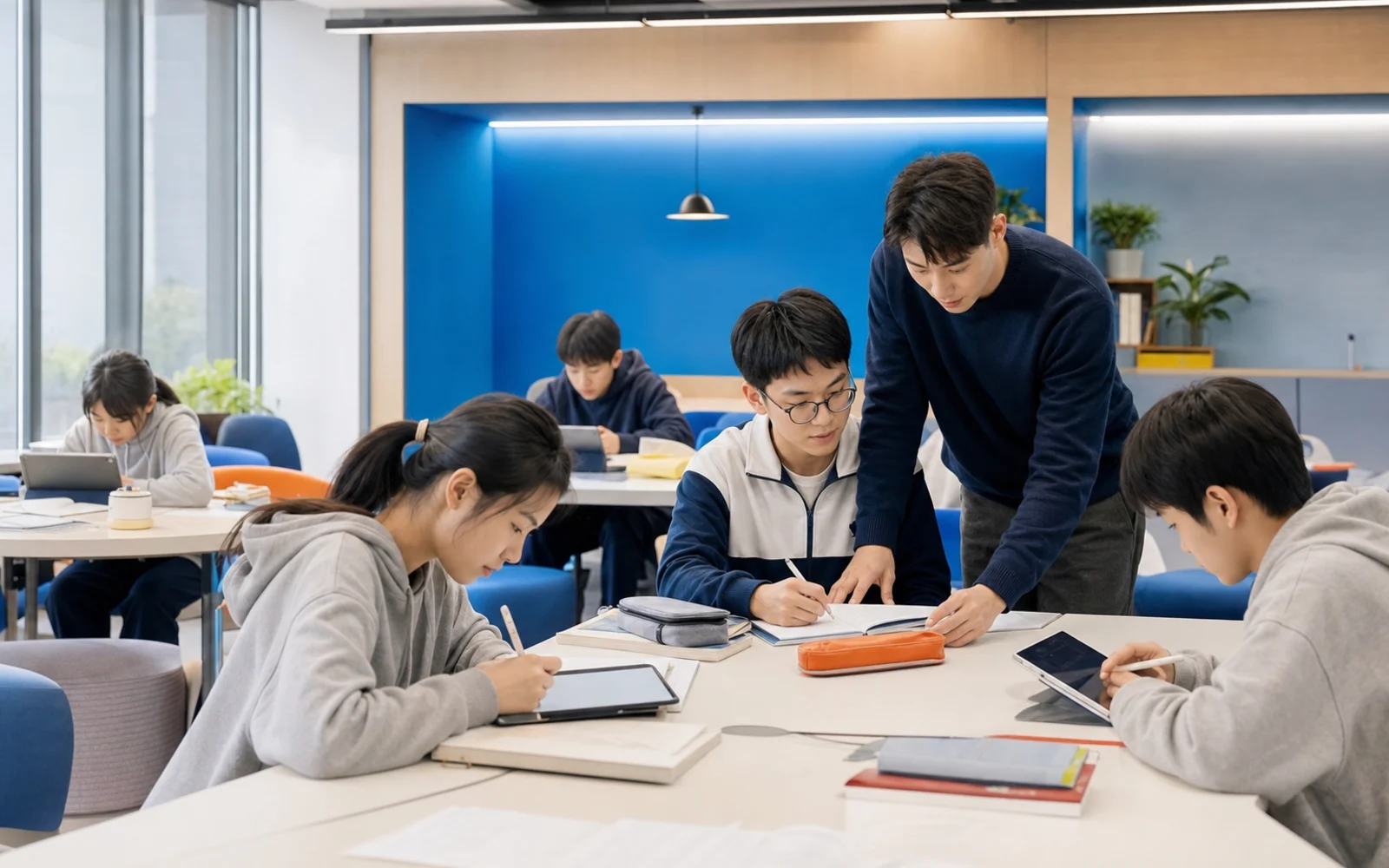 亚洲青少年与导学老师在明亮学习空间中共同学习