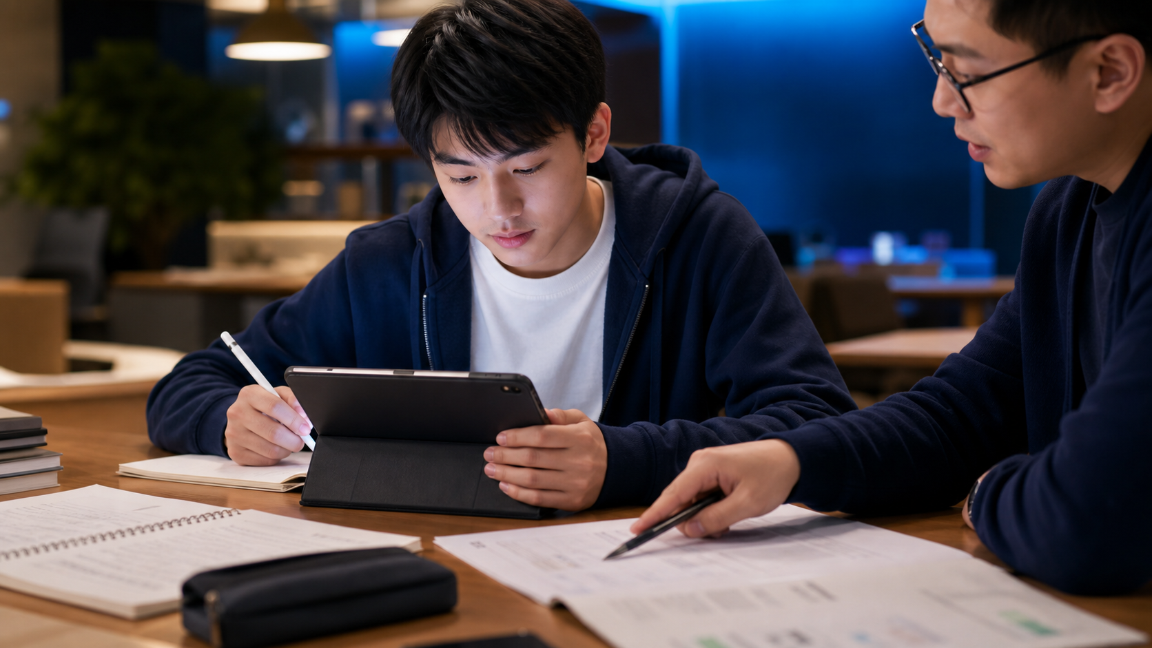 亚洲青少年在导学老师指导下使用平板学习